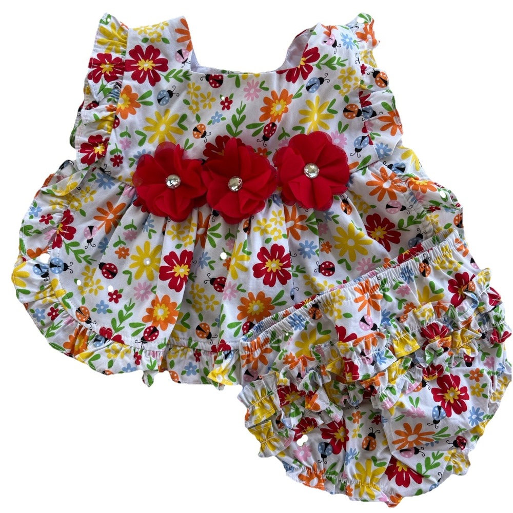 Goodlad Baby‎ Girl's Dress 6 M Colorful Floral Lady Bug Ruffled Bloomers Set NWT
